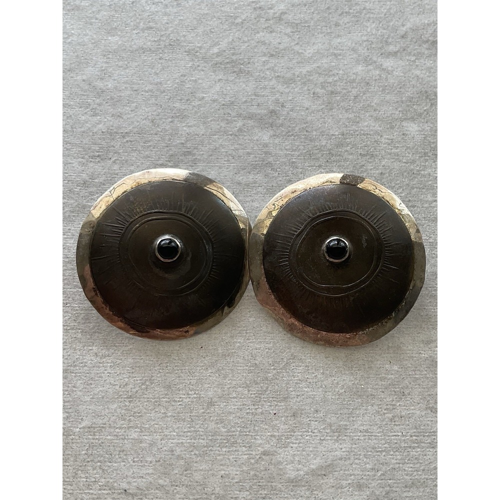Vintage Sterling Silver Mixed Metal Large Round Post Earrings Black Onyx Estate